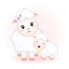 Cute Little Sheep and Mom hand drawn illustration