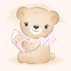 Cute little bear reading a book hand drawn illustration