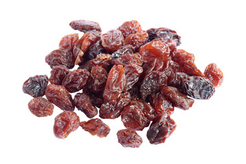 Organic dried raisins isolated on white background.
