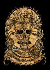 Black and gold illustration with halves of woman face and scary skull between them.