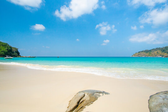 Phuket beach sea sand and sky. Landscape view of beach sea in summer day. Beach space area. At Karon Beach, Phuket, Thailand. On 02 April 2020. 4K UHD. Video Clip. Nature and travel concept.