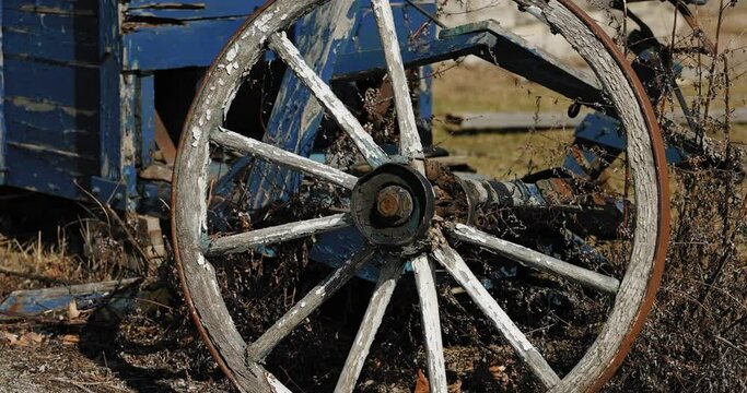 Old Patinaed and rusting wooden farm wagon wheel.