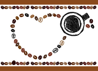 コーヒーのイラスト。かわいいコーヒー豆のハートのイラストとメッセージ入り。フレームイラスト。