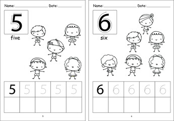 kindergarten Pre school number 1 to 10 writing activity cartoon children kids