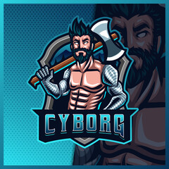 Robotic Cyborg Lumberjack mascot esport logo design illustrations vector template, Angry Lumberjack with Axe logo for team game streamer youtuber banner twitch discord
