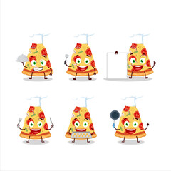 Cartoon character of slice of tomato cheese pizza with various chef emoticons