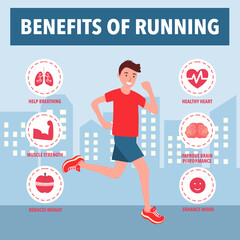 Benefits of running infographic with running man and city background vector illustration. Exercise for a good health.