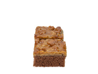 Toffee cake, a close up of homemade caramel nut chocolate cake bakery isolated on white background.