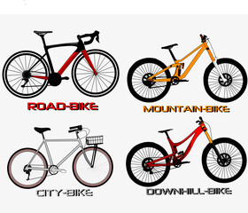 icon set of various types of bikes. consists of mountain, road ,downhill and city bikes. for transportation and sports content.