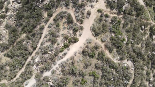 Aerial view of small trail in Simpson park wilderness valley in Santa Rosa Hills. Hemet, California. USA