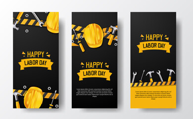 Social media stories banner for labor day with 3d safety helmet worker, hammer, wrench, screwdriver, with yellow line and black background