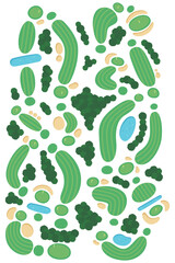 ゴルフ場のイラスト。ウォーターハザードやバンカーがある18ホール。