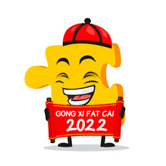 vector illustration of puzzle mascot or character holding red scroll and says happy chinese new year 2021
