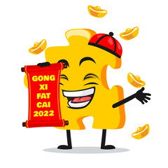 vector illustration of puzzle mascot or character holding red scroll and says happy chinese new year 2021