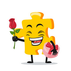 vector illustration of puzzle mascot or character give flower and holding pink gift