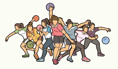 Group of Bowling Sport Women Players Action Cartoon Graphic Vector