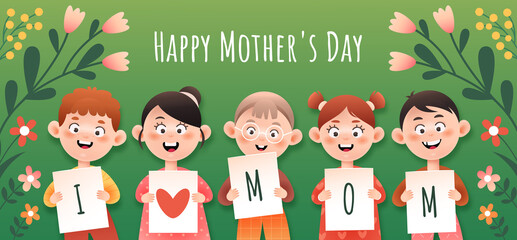 Children hold cards with congratulations. Postcard for the holiday Mother's Day. 