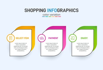 Concept of shopping process with 3 successive steps. Three colorful graphic elements. Timeline design for brochure, presentation, web site. Infographic design layout.