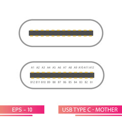 USB type C-front view of the mom connector in a realistic design. On a white background. Flat vector illustration.