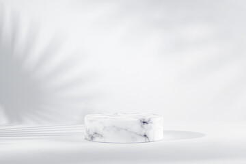 White marble cylinder podium in white background for product. Leaf shadow on white wall. 3d render. Spring and summer.