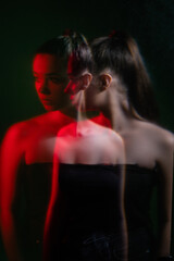 Female anxiety. Subconscious fear. Mental disorder. Double exposure blur silhouette night portrait...