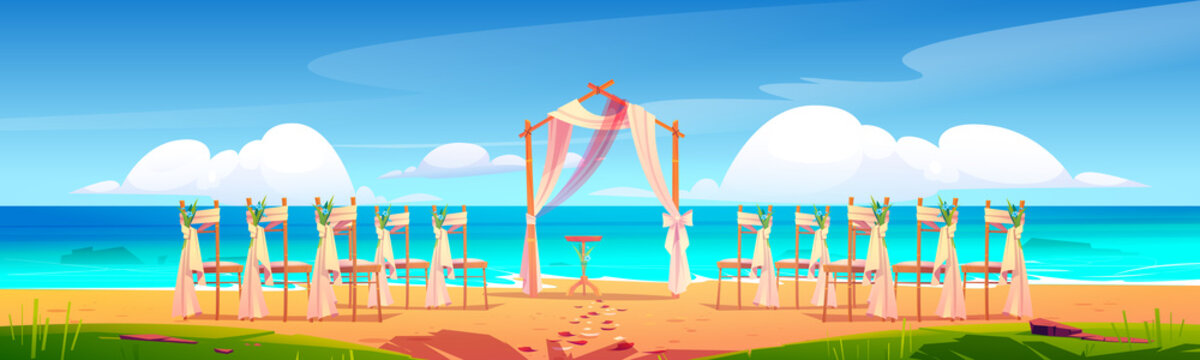 Beach wedding arch and decoration on seaside. Wooden archway and chairs with flowers stand on ocean sandy shore with scatter petals. Gate for marriage, matrimony ceremony. Cartoon vector illustration