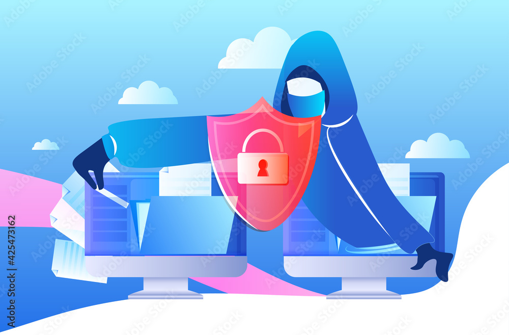 Poster hacker stealing personal confidential data anonymous man attacking computer cyber criminal phishing 