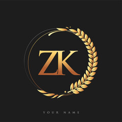 Initial logo letter ZK with golden color with laurel and wreath, vector logo for business and company identity.