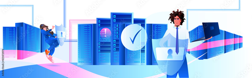 Poster engineers using laptop database server protection big data privacy security concept horizontal