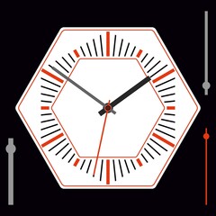 Hexagonal watch dial without numbers. Hour, minute and second hands. Vector illustration