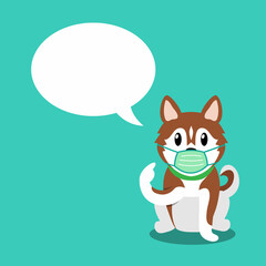 Cartoon character siberian husky dog wearing protective face mask with speech bubble for design.