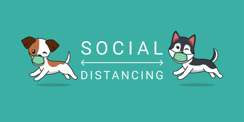 Covid-19 protection concept cartoon character jack russell terrier and siberian husky dog wearing protective face mask social distancing for design.
