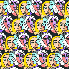 pop art seamless pattern with faces. Cartoon vector background with various people for wallpaper, textile, print, cover, wall art