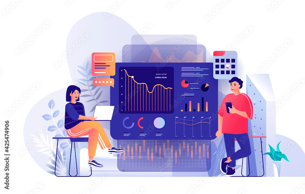 Wall mural big data analysis scene. man and woman analyzing charts, diagram and graphs at dashboard. business s