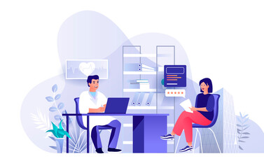Medical clinic services scene. Doctor consults female patient in his office. Healthcare and medicine, diagnosis, emergency, treatment concept. Vector illustration of people characters in flat design