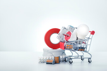 Different electrical equipment on white, gray background with copy space. Shopping cart and...