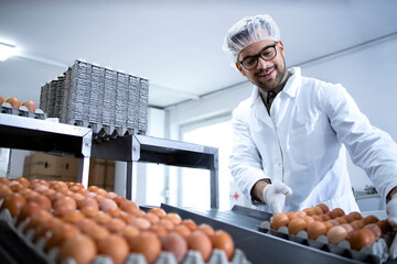 Fresh chicken eggs in food processing factory being moved on conveyor belt and worker taking them...