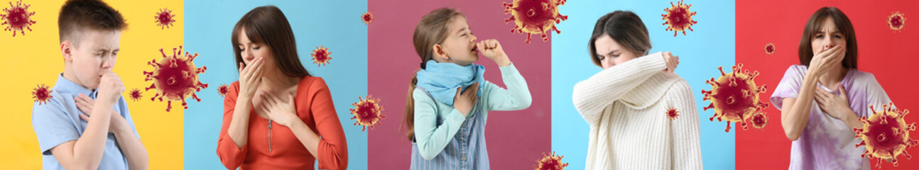 Collage of ill coughing people on color background. Concept of coronavirus epidemic