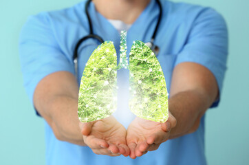 Doctor holding human lungs made of green tree crown, closeup