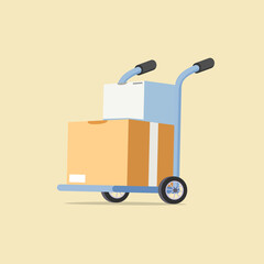 Barrow full of boxes isolated on brown. Metallic wheeled trolley with cardboard box. Delivery service and logistics