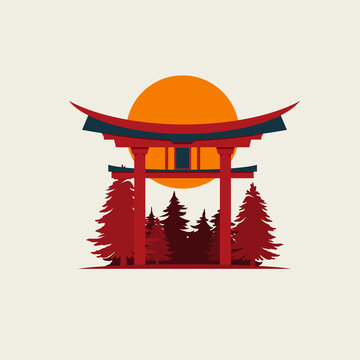 recommend clip art: Japanese Torii gate with trees silhouette and sun. Symbol of Japan, shintoism religion. Red wooden sacred tori arch. Ancient entrance, Eastern heritage and landmark. Oriental religious architecture