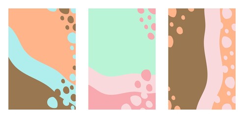 Simple abstract vector set of brochures, covers in pastel colors. Pink, blue, brown colors. For wallpaper, posters, calm background.

