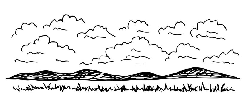 Simple hand-drawn vector drawing in black outline. Ink sketch. Clouds in the sky, mountains on the horizon, steppe grass, wild landscape, nature. Country trip, tourism and travel.