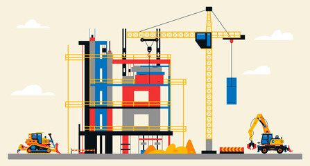 Construction site illustration. Building under construction. Heavy machinery work on site, excavator and bulldozer, large crane, unfinished building. Vector illustration, flat design.