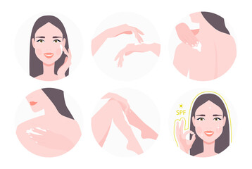 The girl applies sunscreen. Burn cream. Smooth tan. Precautions against burning. Prevention of burns. Preparing for the beach. Cream with a protective filter spf. uv face and body cream.