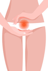 Woman character holds her stomach and feels menstrual pain. Vector illustration. Abdominal pain. Emergency acute pain. Menstrual period concept.  Feminine hygiene. For website and article design.