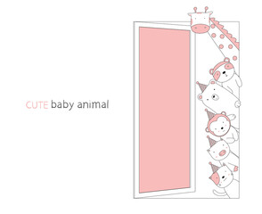 aCartoon sketch the cute baby animal on the door. Hand-drawn style.