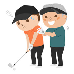 ゴルフのイラスト。若い男性にゴルフを教えてる迷惑なおじさん。