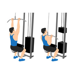 Fototapeta premium Man doing Close grip lat pulldowns flat vector illustration isolated on white background