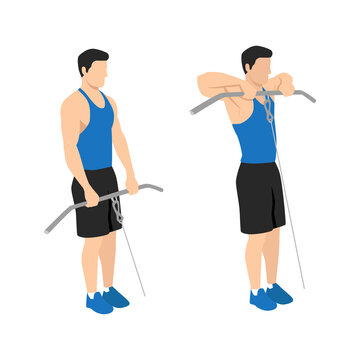 Man doing cable upright rows exercise flat vector illustration isolated on white background